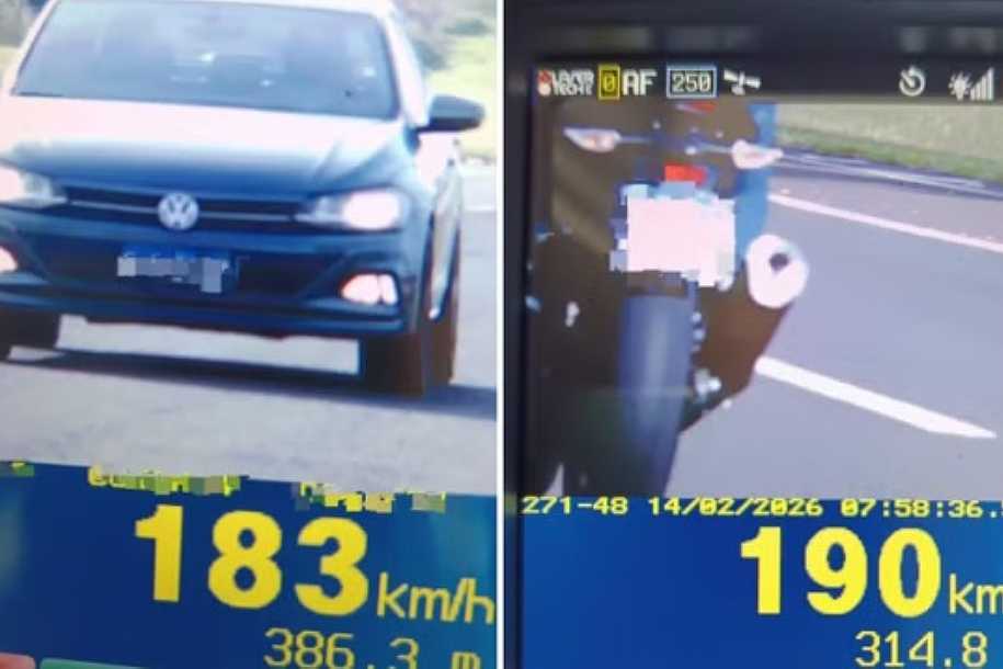 Moto e carro são flagrados a quase 200 km/h em rodovia no interior de SP