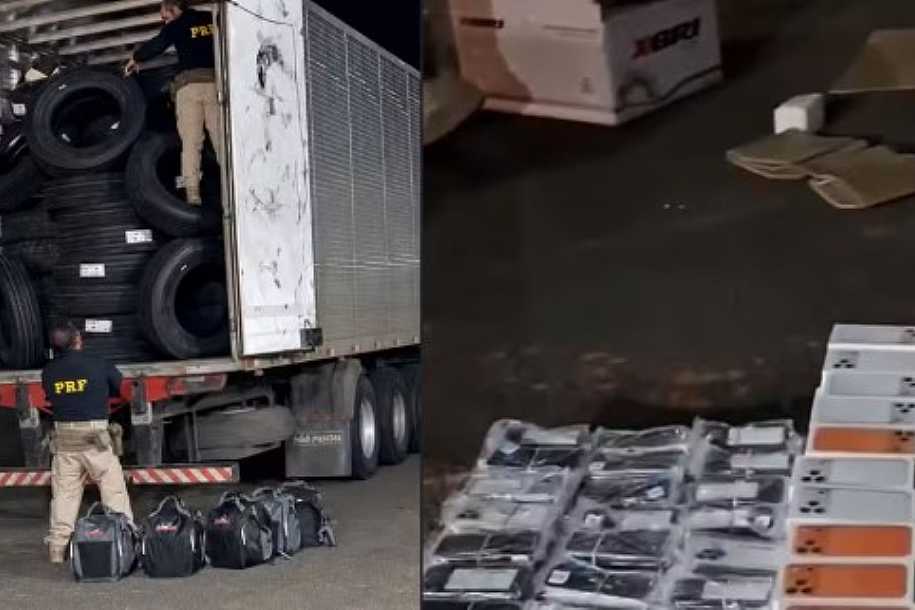 Contrabando de mais de 400 celulares é apreendido escondido em carga de pneus na BR-153