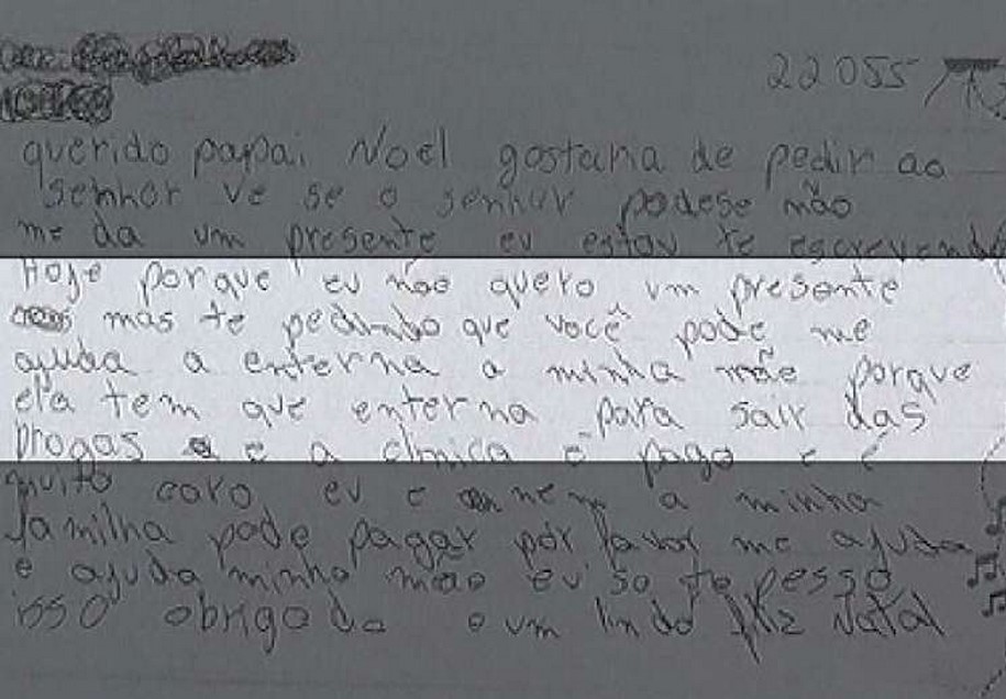 Adolescente pede em carta que ´Papai Noel´ interne mãe usuária de drogas