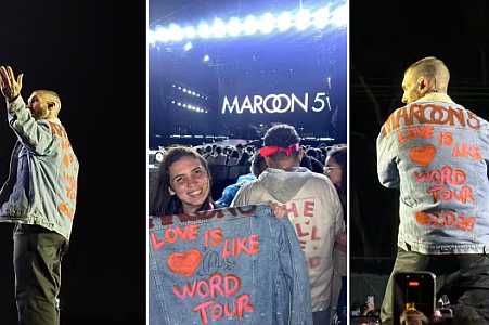 Fã do Maroon 5 empresta jaqueta customizada a Adam Levine em show e ganha autógrafo: ´Sonho´