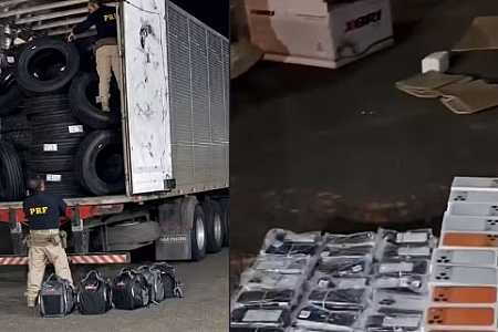 Contrabando de mais de 400 celulares é apreendido escondido em carga de pneus na BR-153